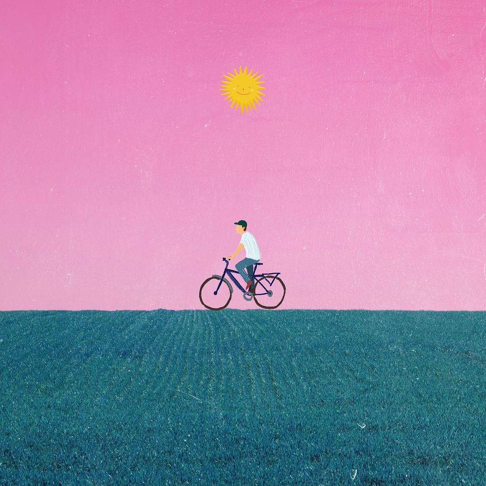 Aesthetic pink evening background, man riding bike