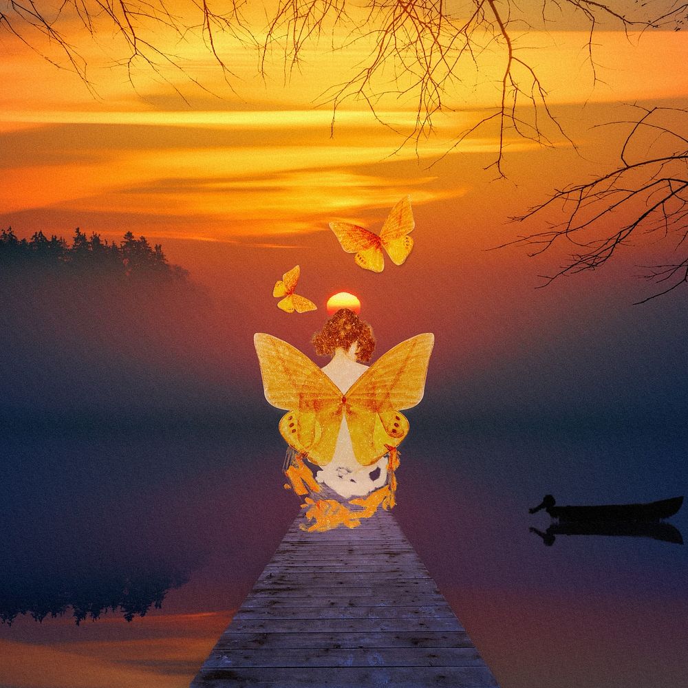 Sunset butterfly background, spiritual design