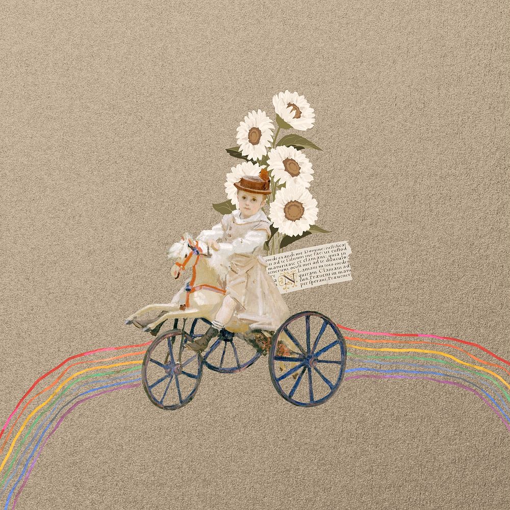 Vintage tricycle girl background, rainbow path