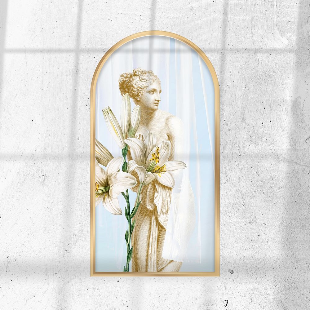 Aesthetic wall decor background, woman statue golden frame design