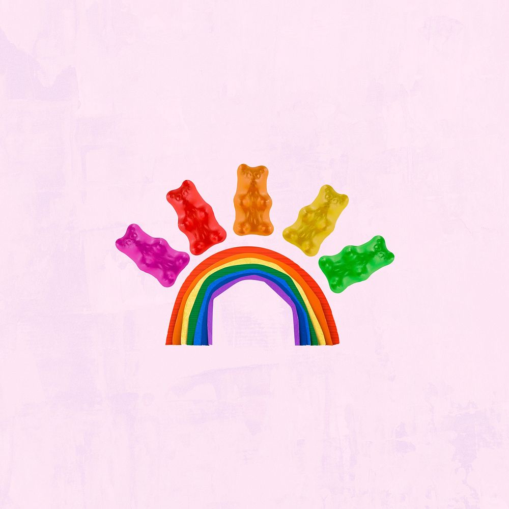 Gummy bears pink background, rainbow design