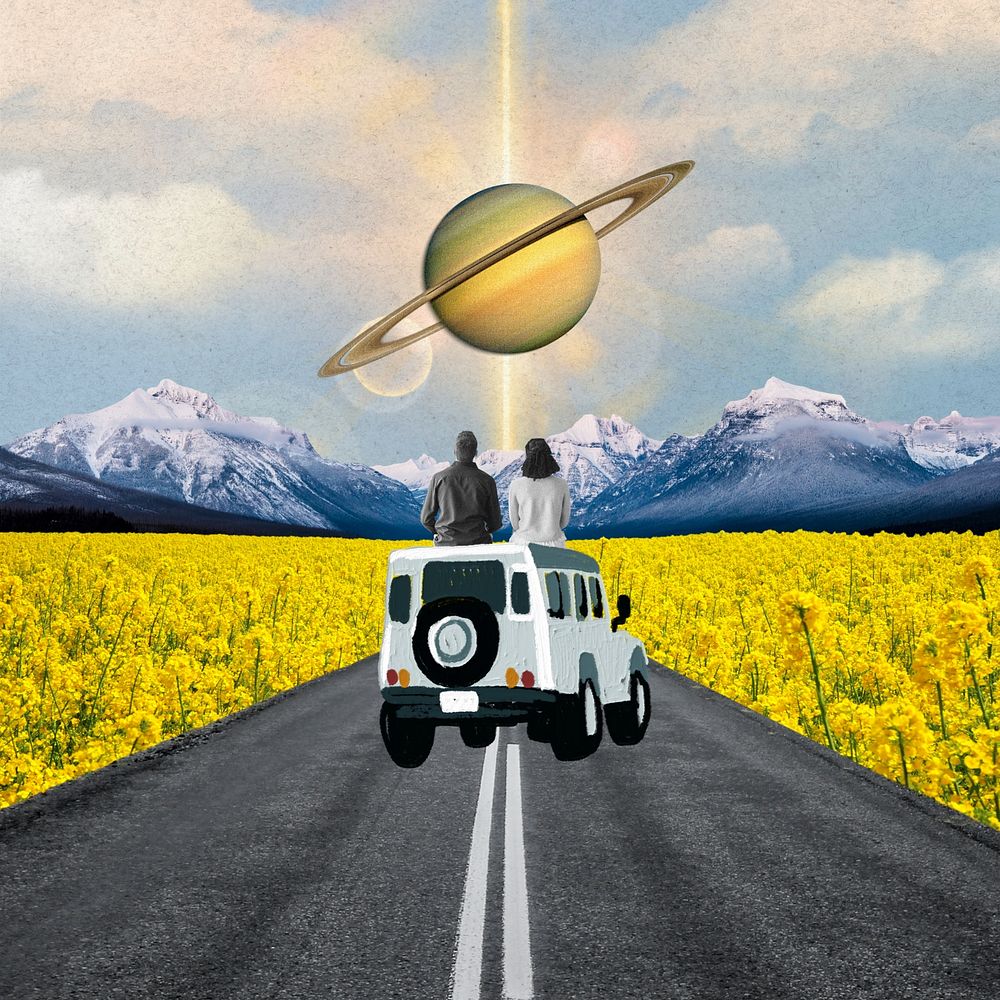 Aesthetic travel background, road trip & Saturn design