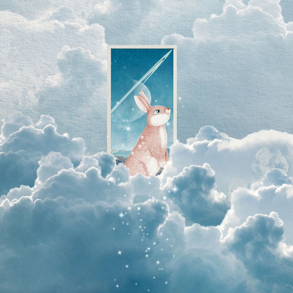 Surreal rabbit sky background, dreamy remix