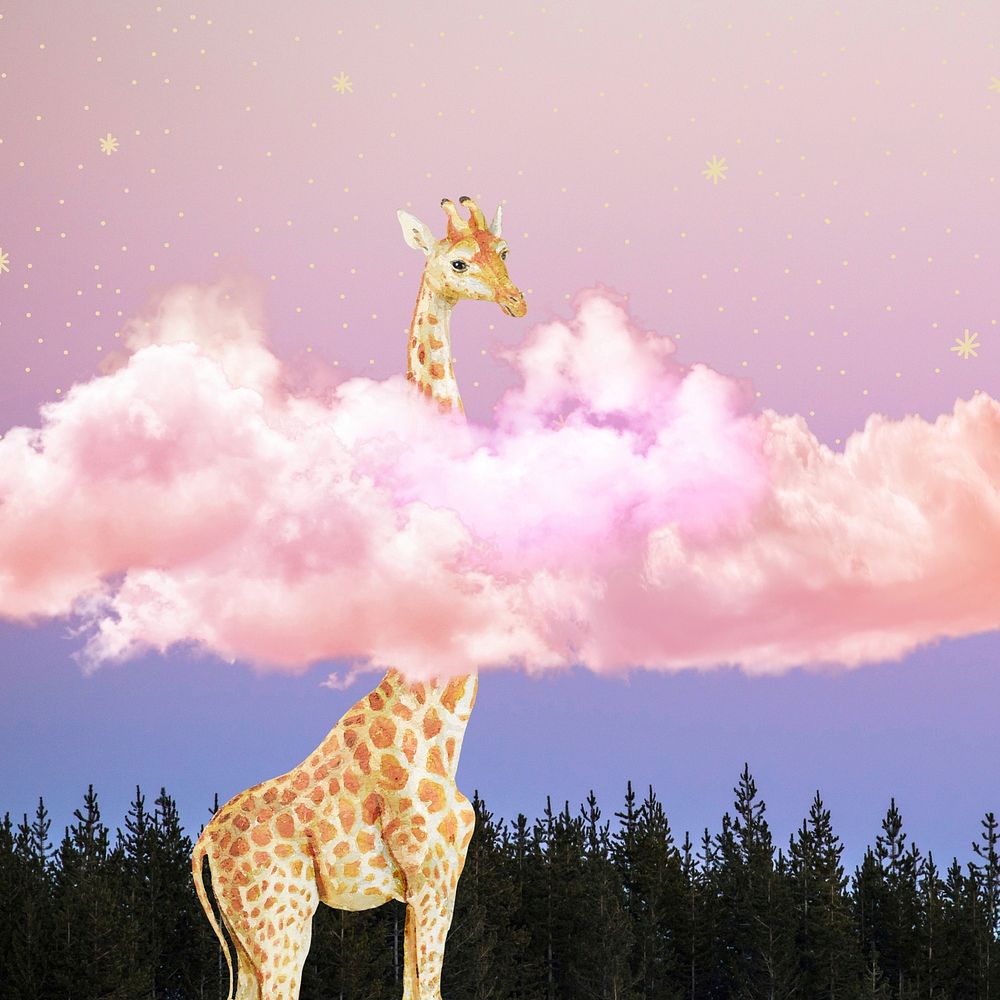 Surreal giraffe background, dreamy pink sky
