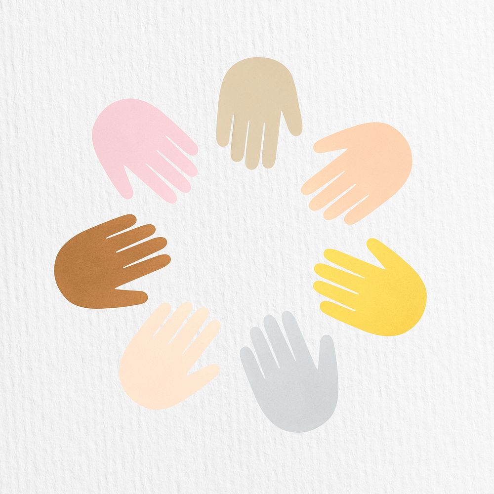 Hands unity white background, colorful design