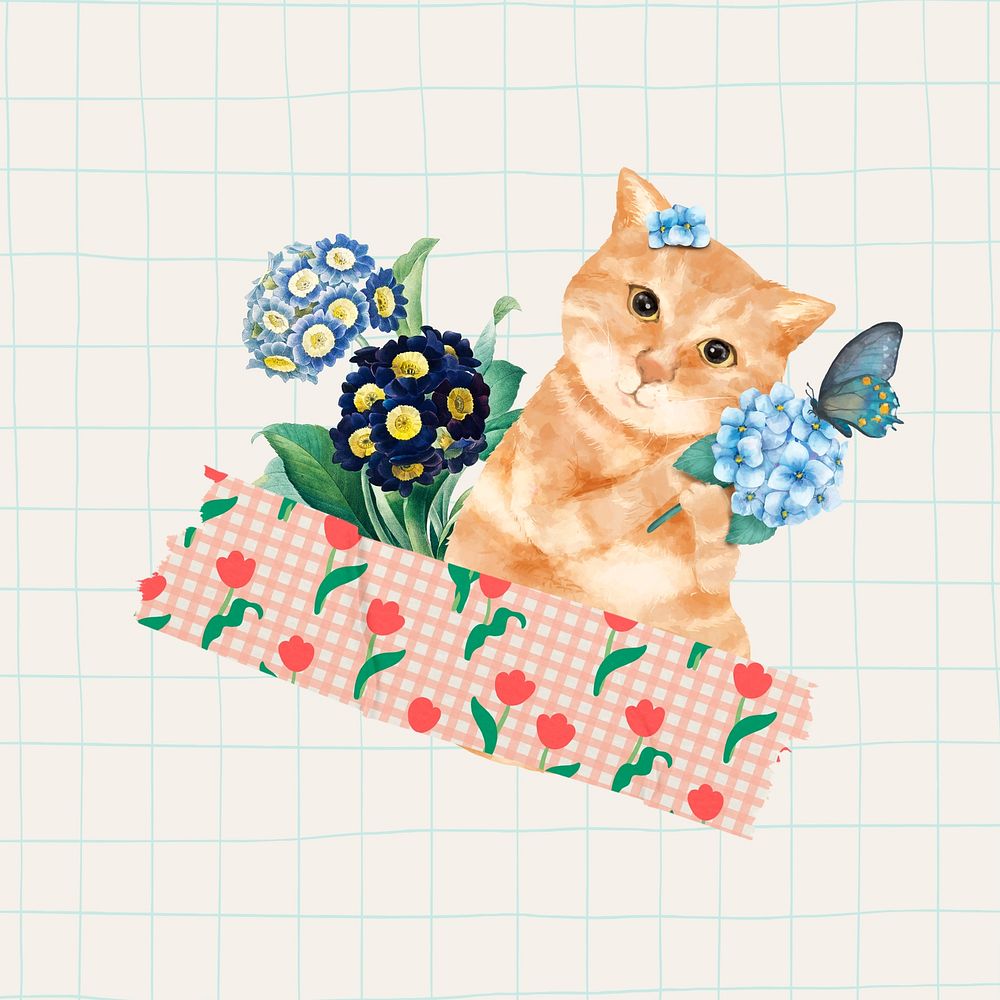 Cute cat collage background, flowers remix