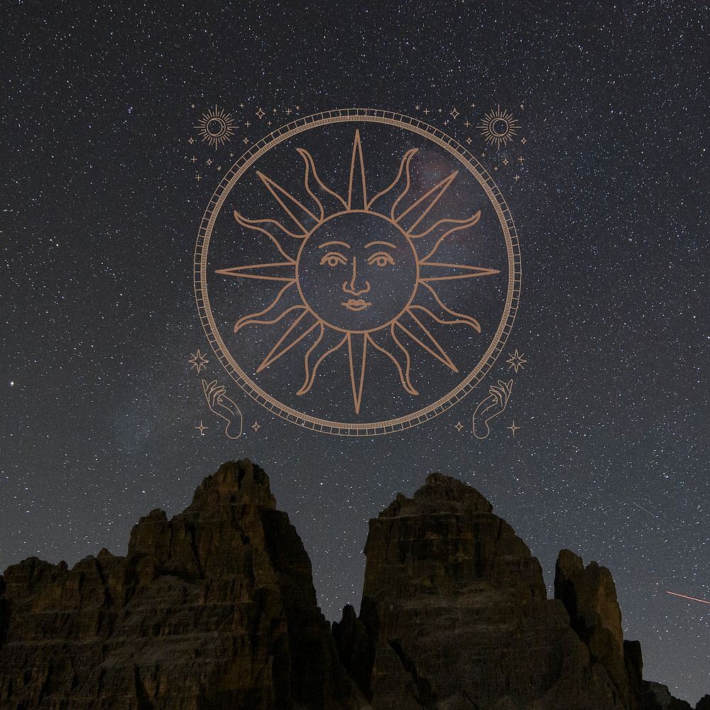 Aesthetic dark astrology background, sun symbol design