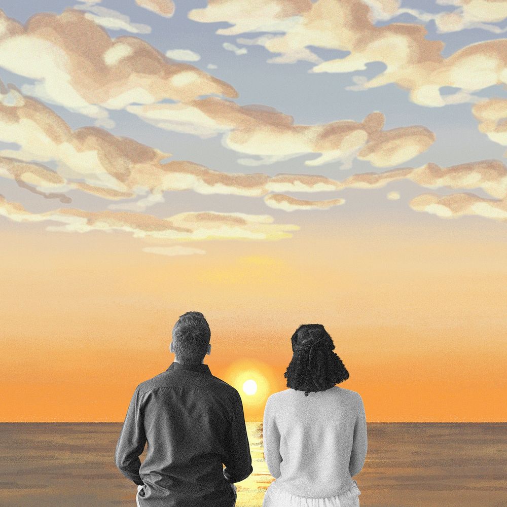 Aesthetic beach couple background, sunset design