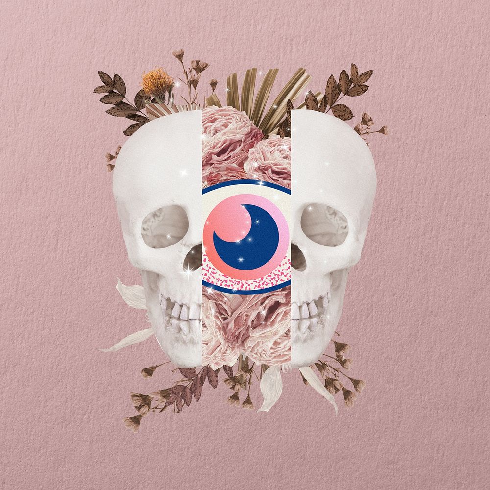 Pink surreal skull background, eye illustration