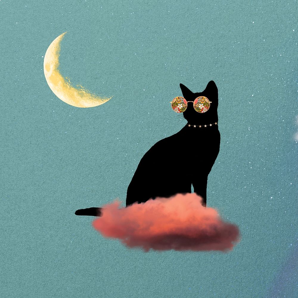 Surreal black cat background, dreamy sky remix