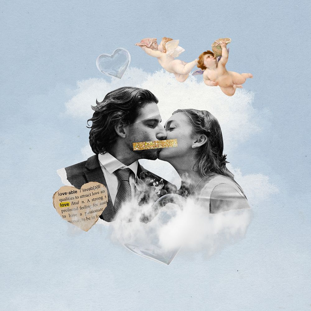 Vintage couple kissing background, blue aesthetic design