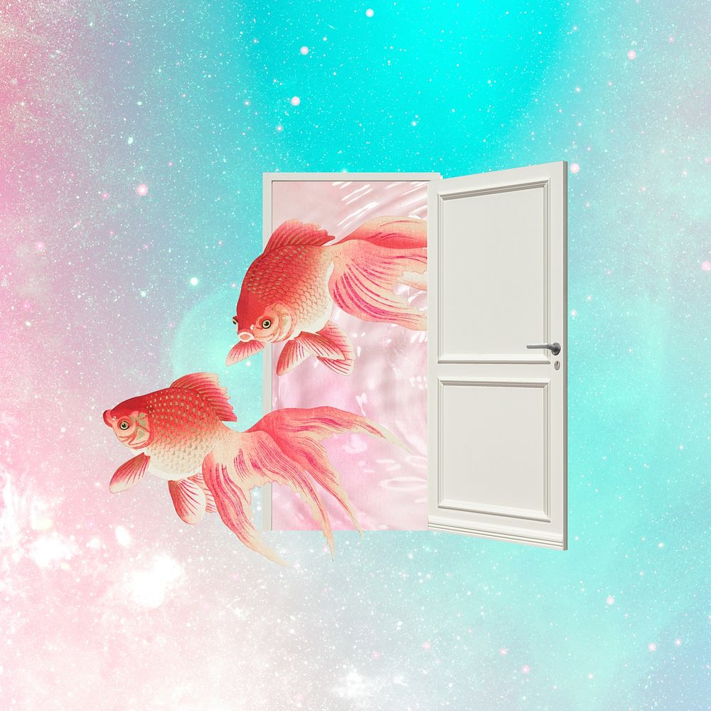 Dreamy goldfish background, surreal pink galaxy