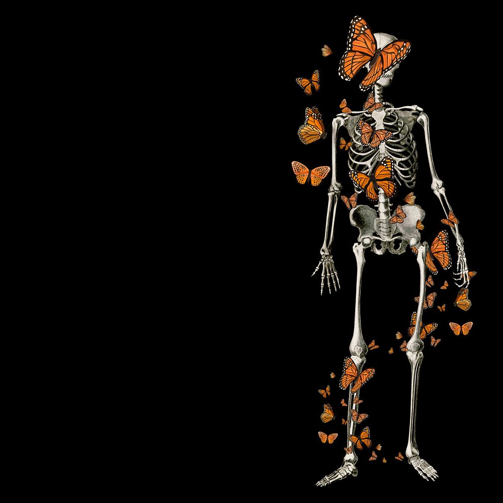 Skeleton Halloween dark background, butterfly design