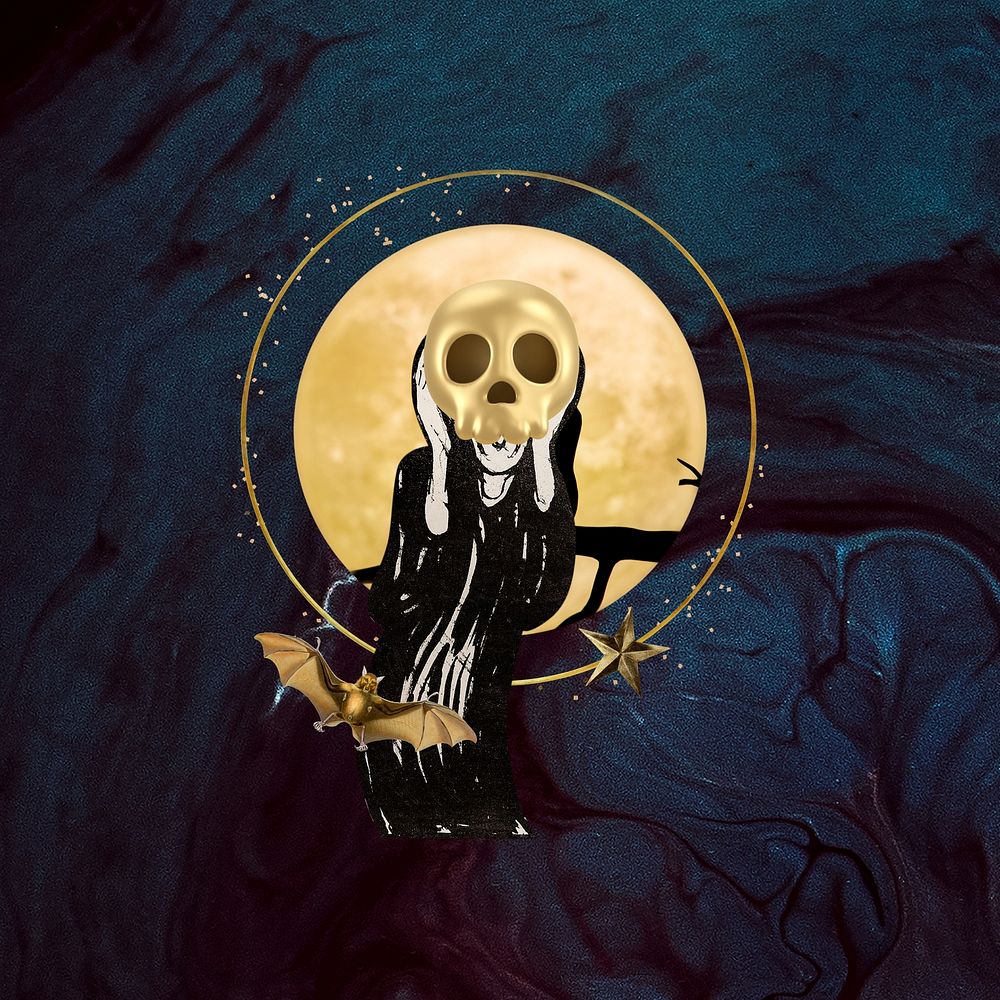 The Scream background, 3D gold skull, remixed by rawpixel