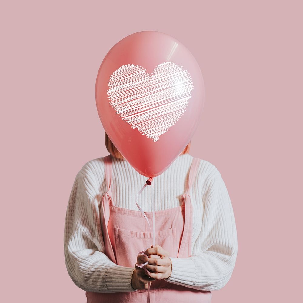 Pink aesthetic love background, woman holding balloon