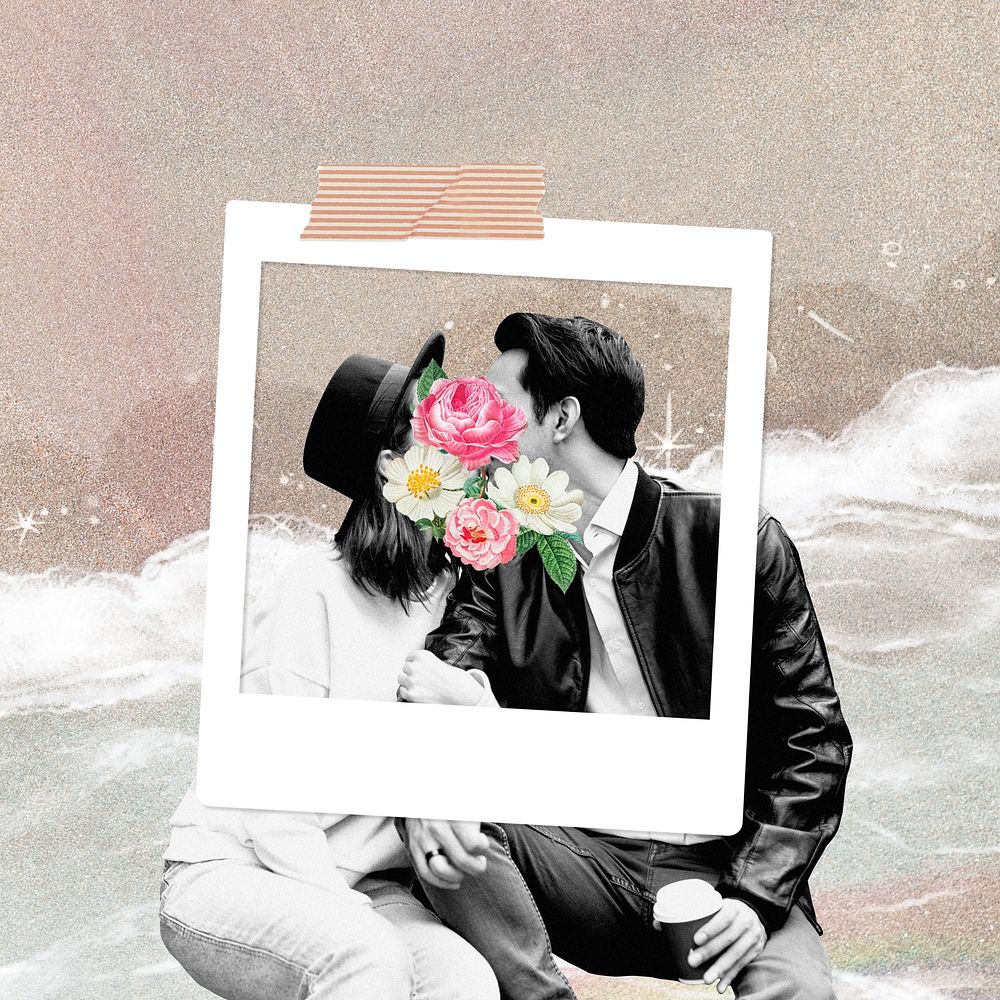 Couple kissing background, floral aesthetic instant photo design