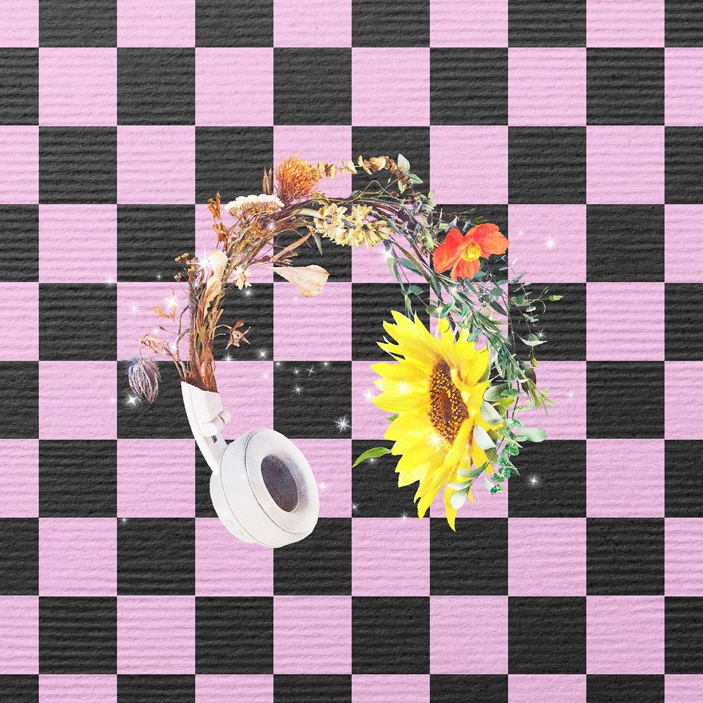 Colorful music floral background, checkered pattern design