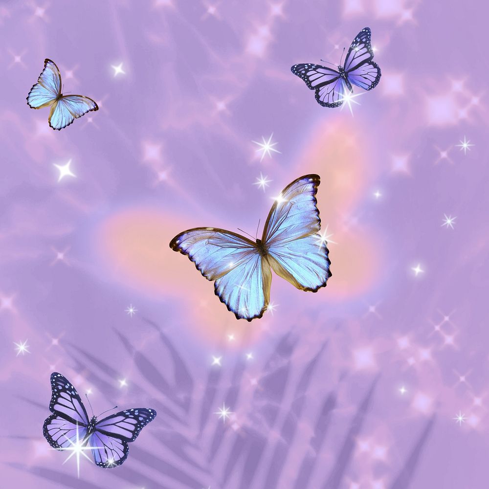 Purple glittery butterflies background, dreamy remix