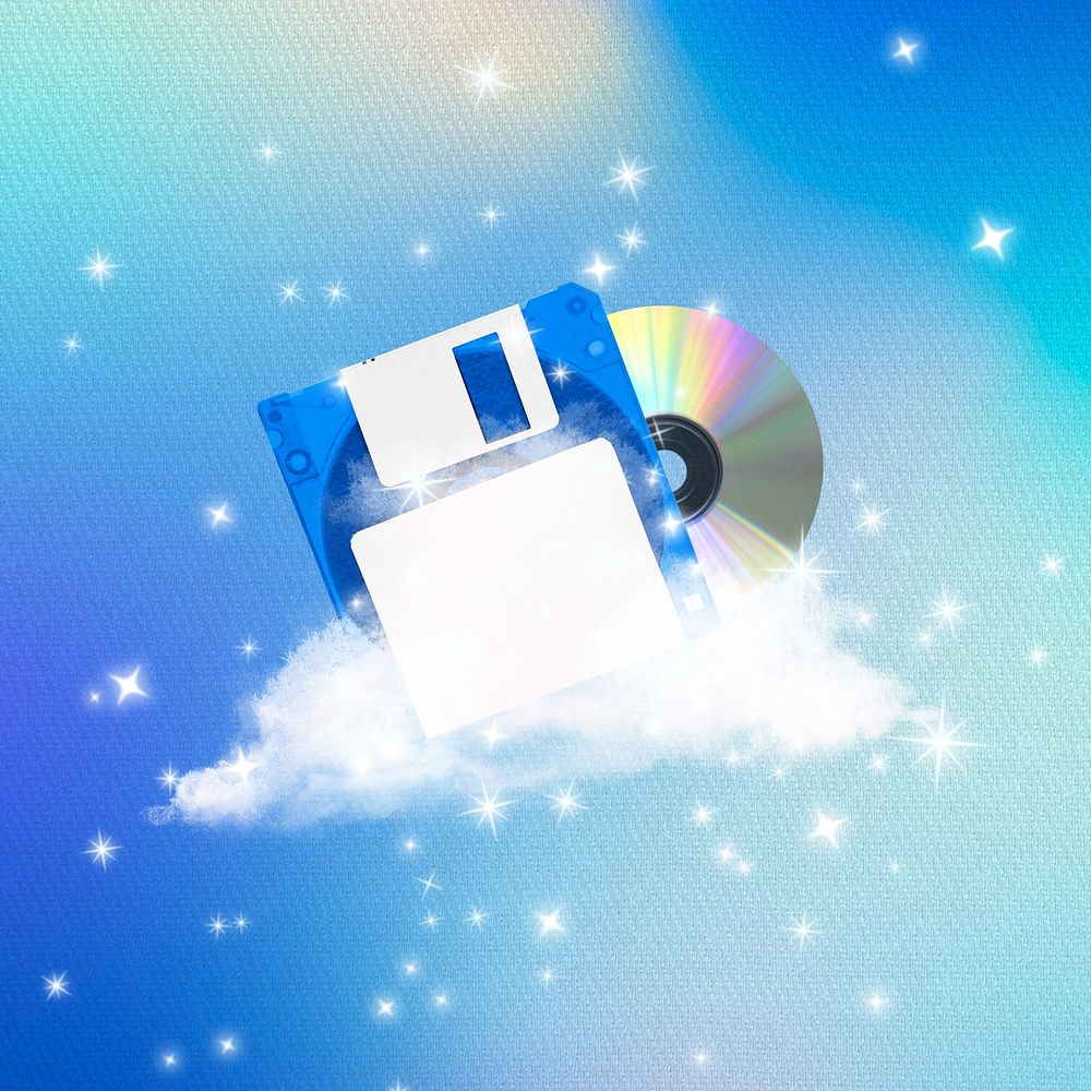 Aesthetic music blue background, floppy disk & CD disk design