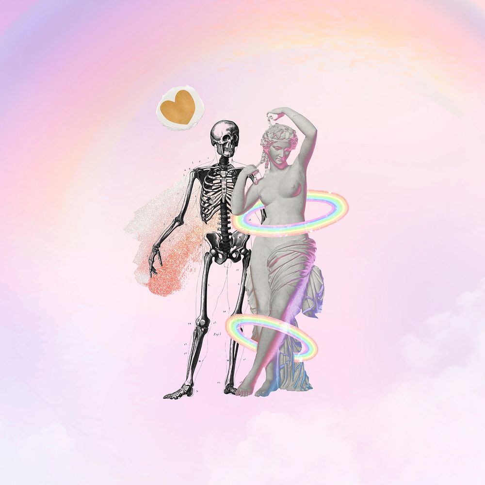 Aesthetic love & death background, skeleton & statue design
