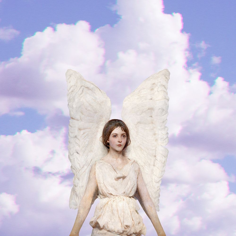 Female angel aesthetic background, cloudy sky design