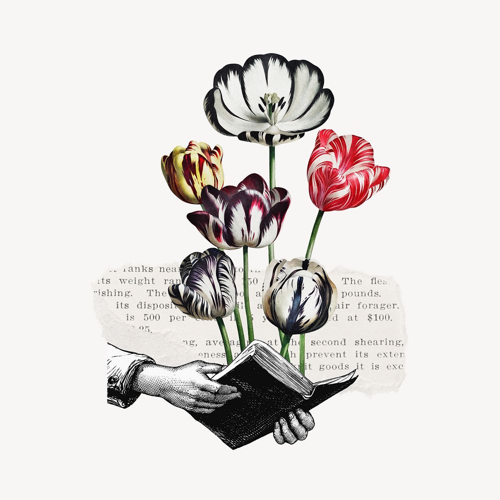 Flowers growing from book collage element