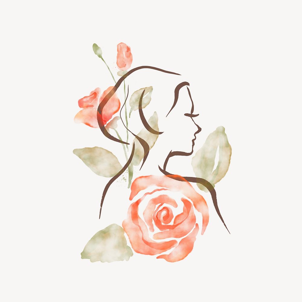 Woman line art, rose watercolor design 