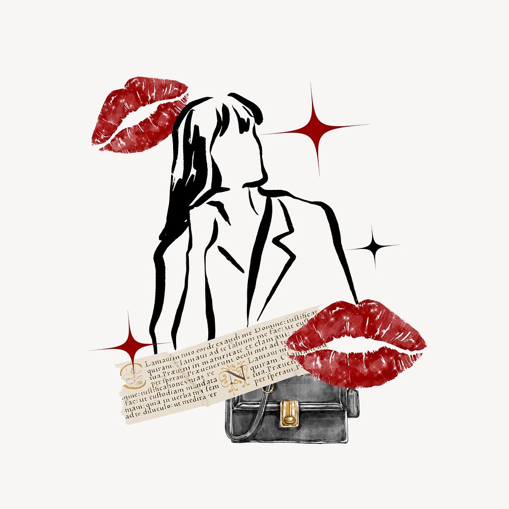 Fashionista line art, woman & red lips illustration 