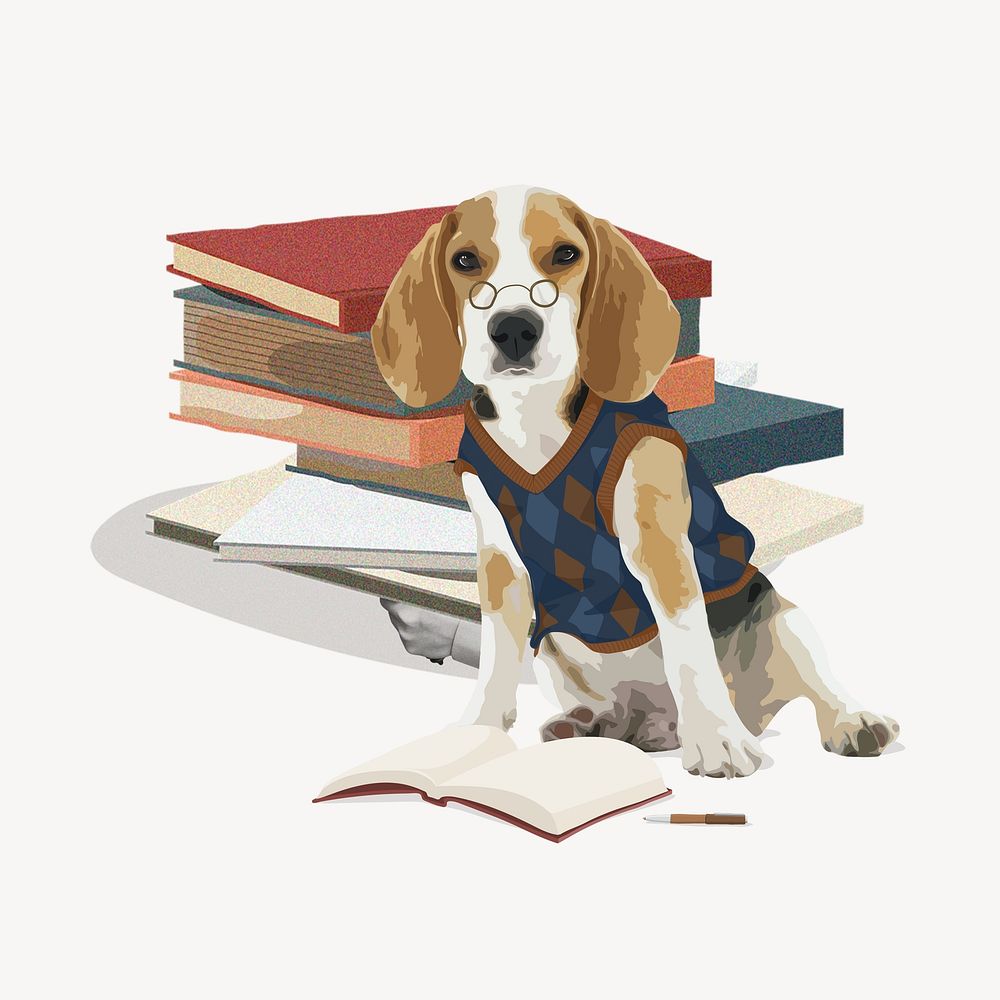Nerdy beagle dog, education collage element 