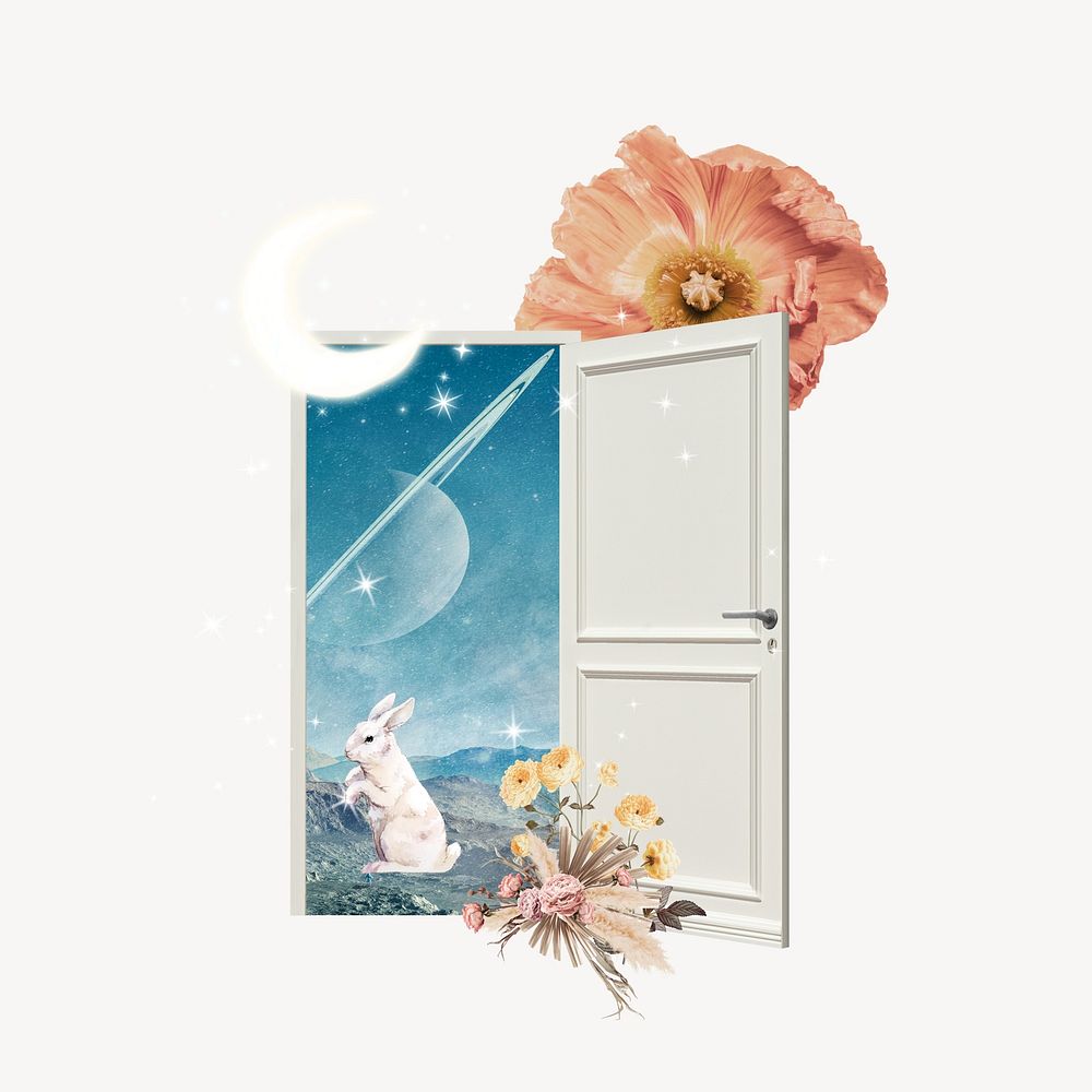 Dreamscape rabbit inside open door collage element