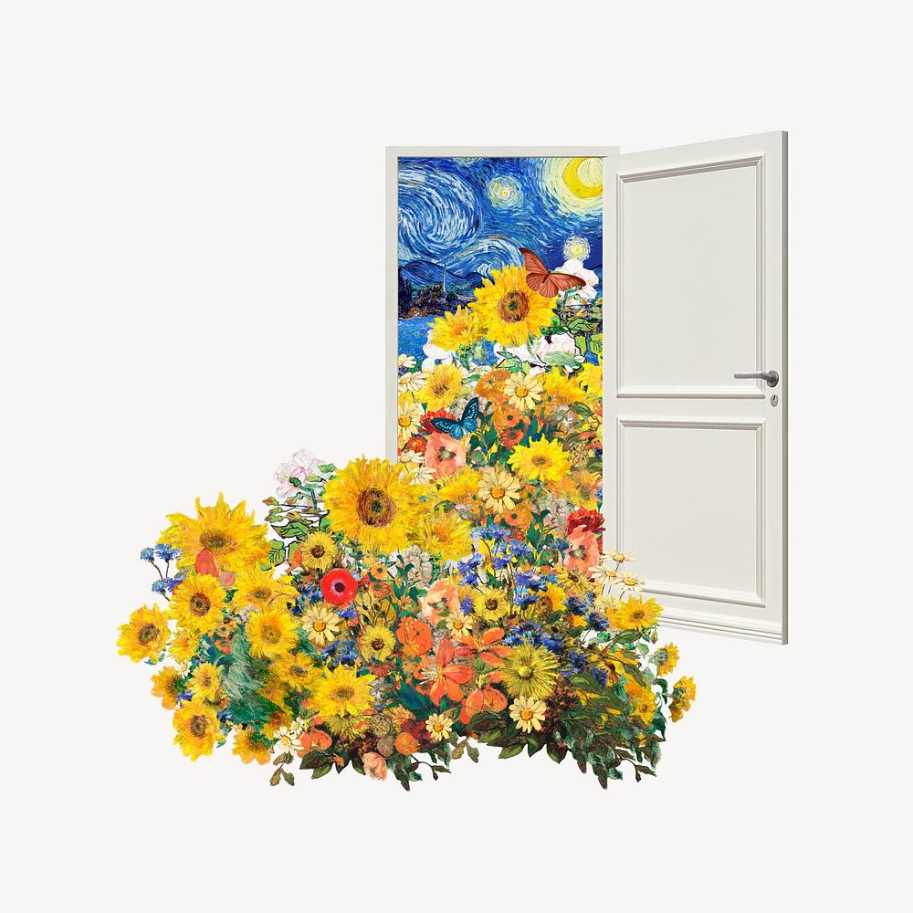 Vintage flowers pouring from open door, surreal art remixed by rawpixel