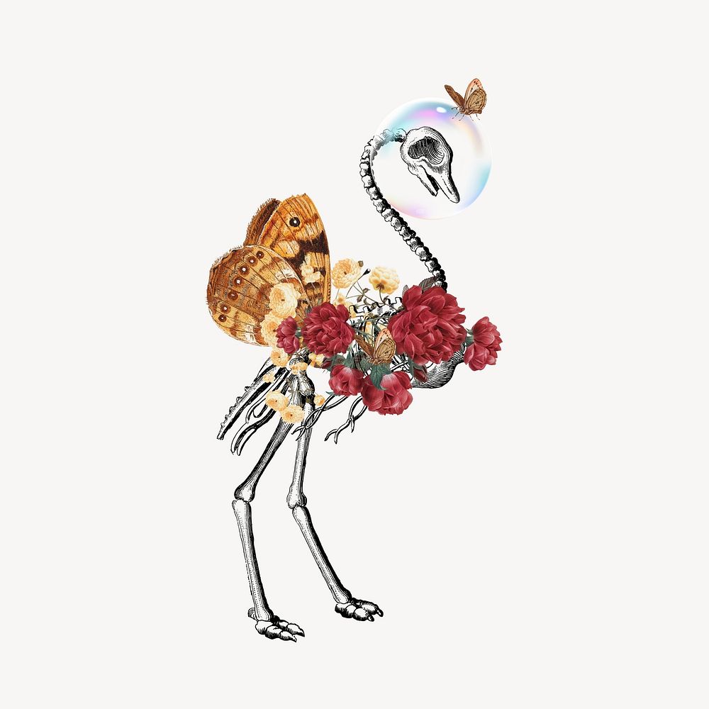 Surreal bird skeleton, flower collage element