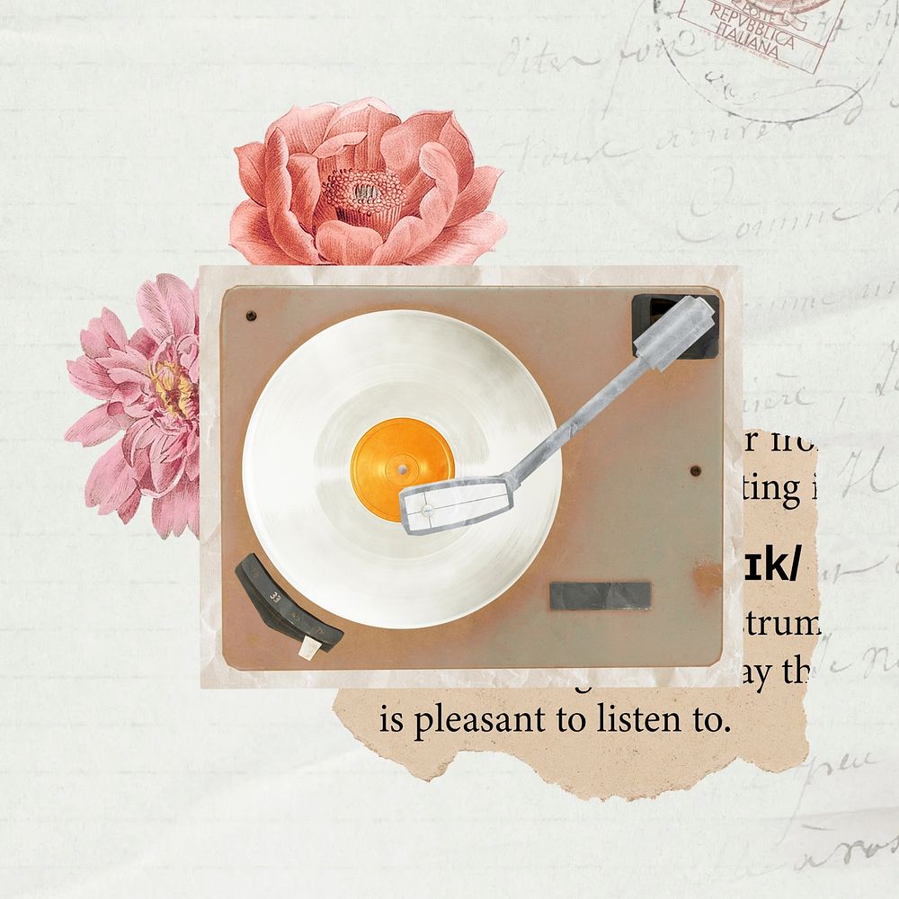 Vinyl record player, music floral aesthetic collage