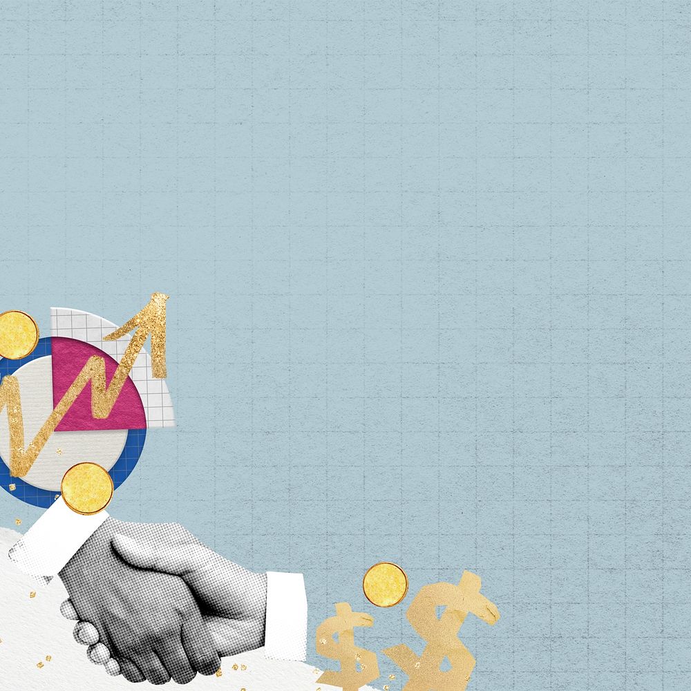 Business handshake partnership background, blue finance collage