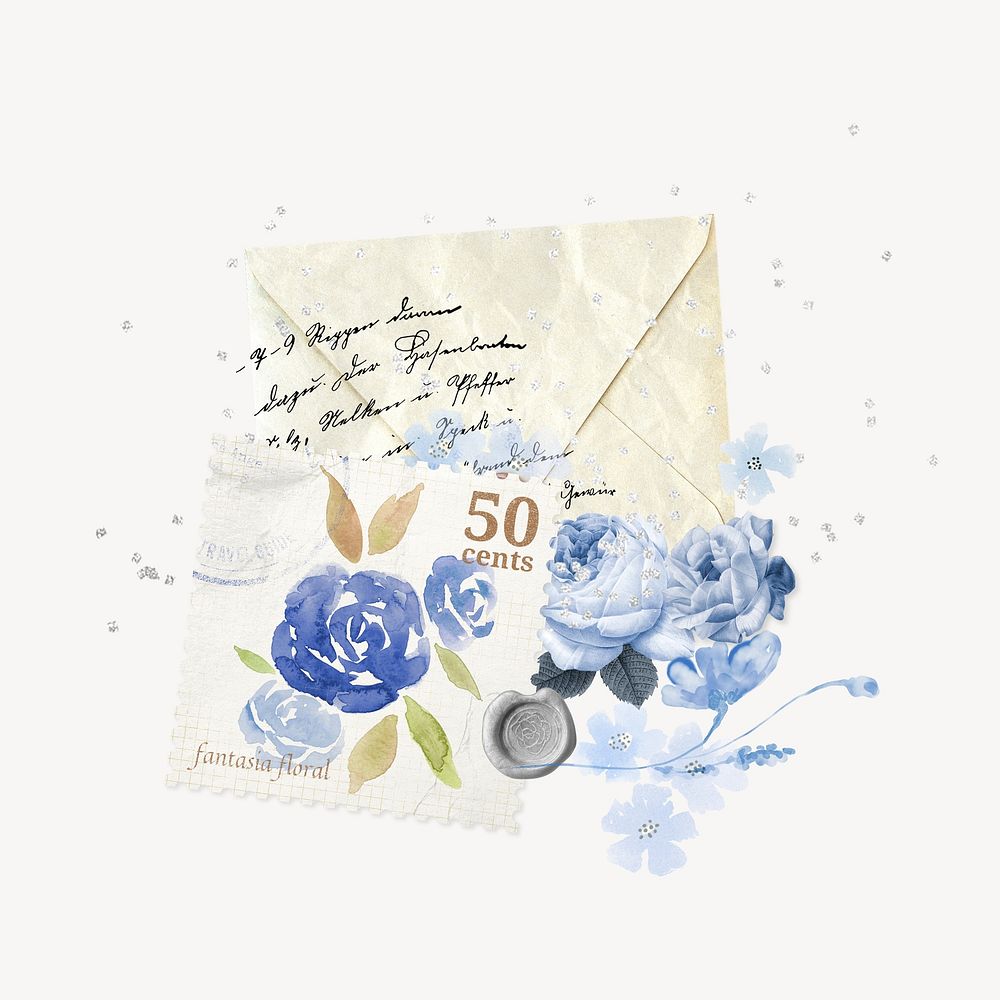 Blue rose stamp, vintage envelope remix illustration