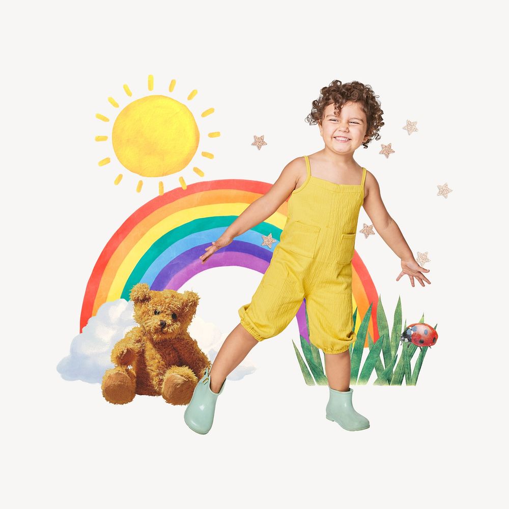 Little kid, rainbow and sunshine