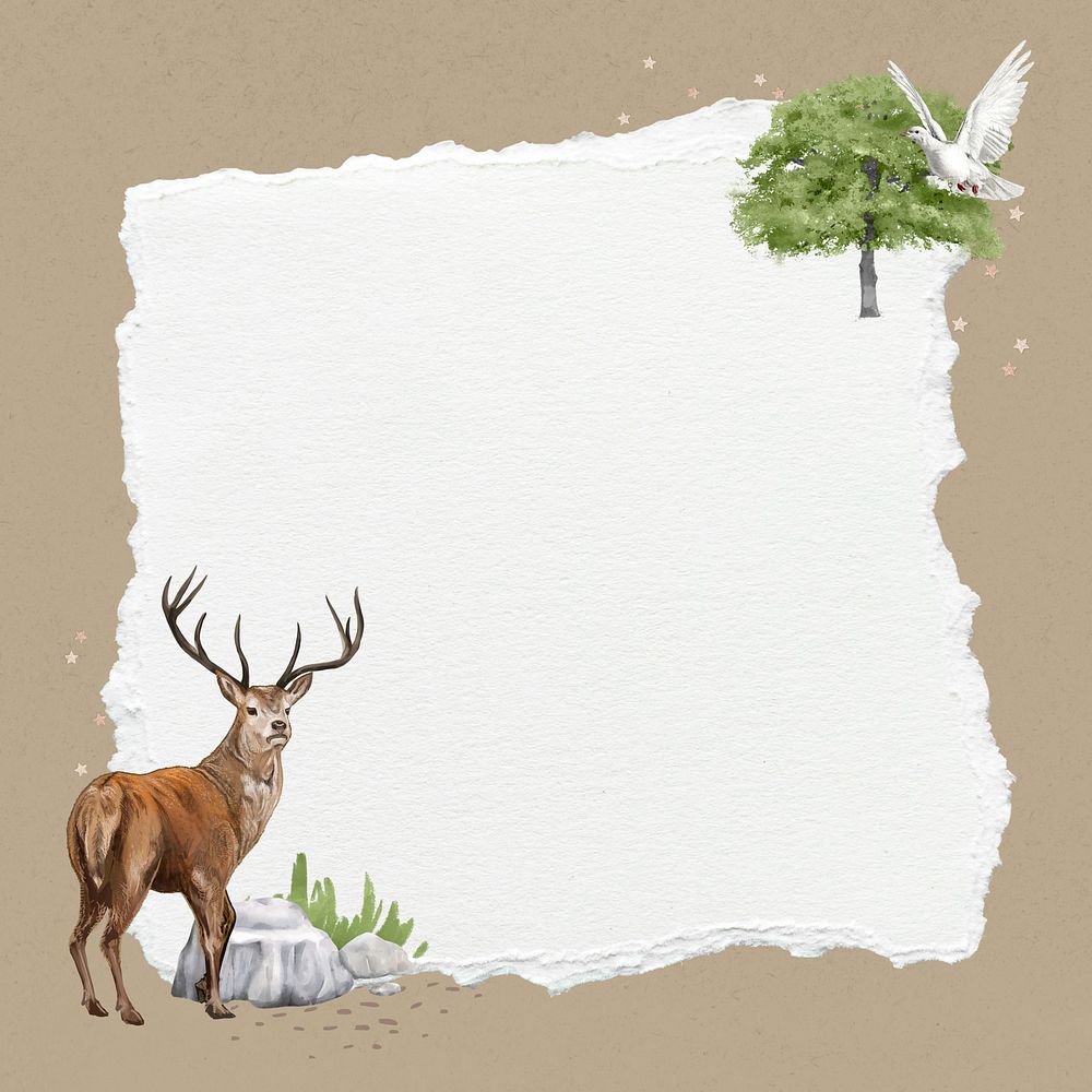 Ripped paper, stag deer wildlife illustration