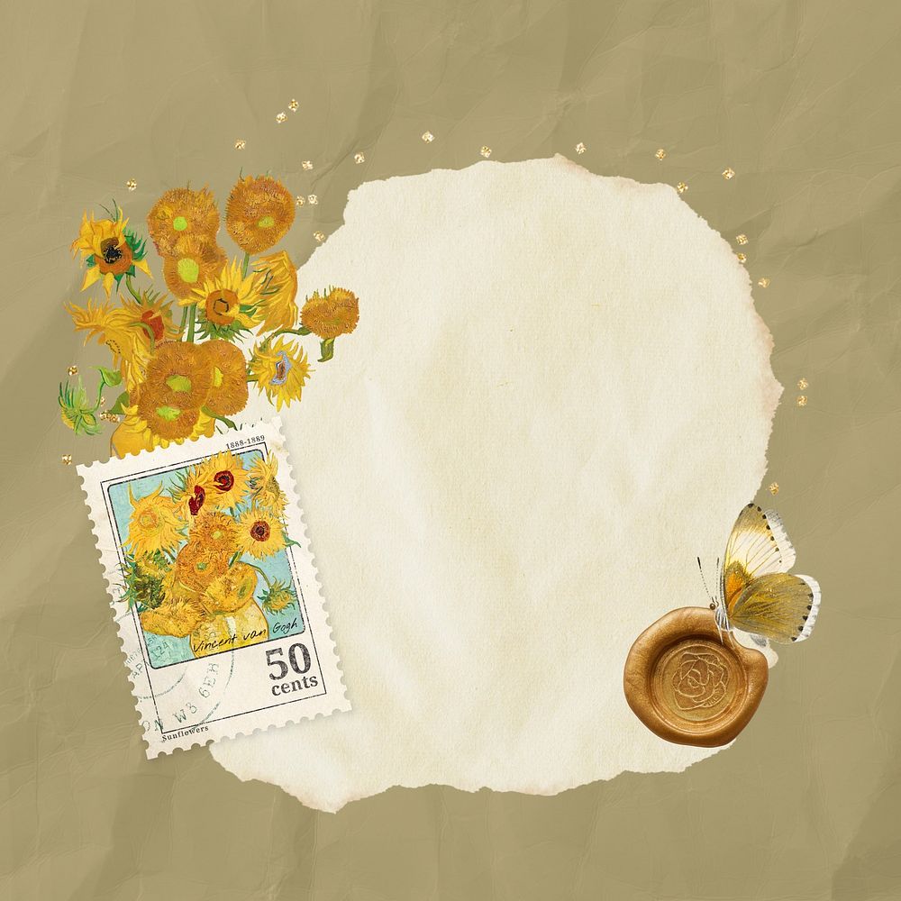Van Gogh's Sunflowers ripped paper, vintage flower collage, remixed by rawpixel