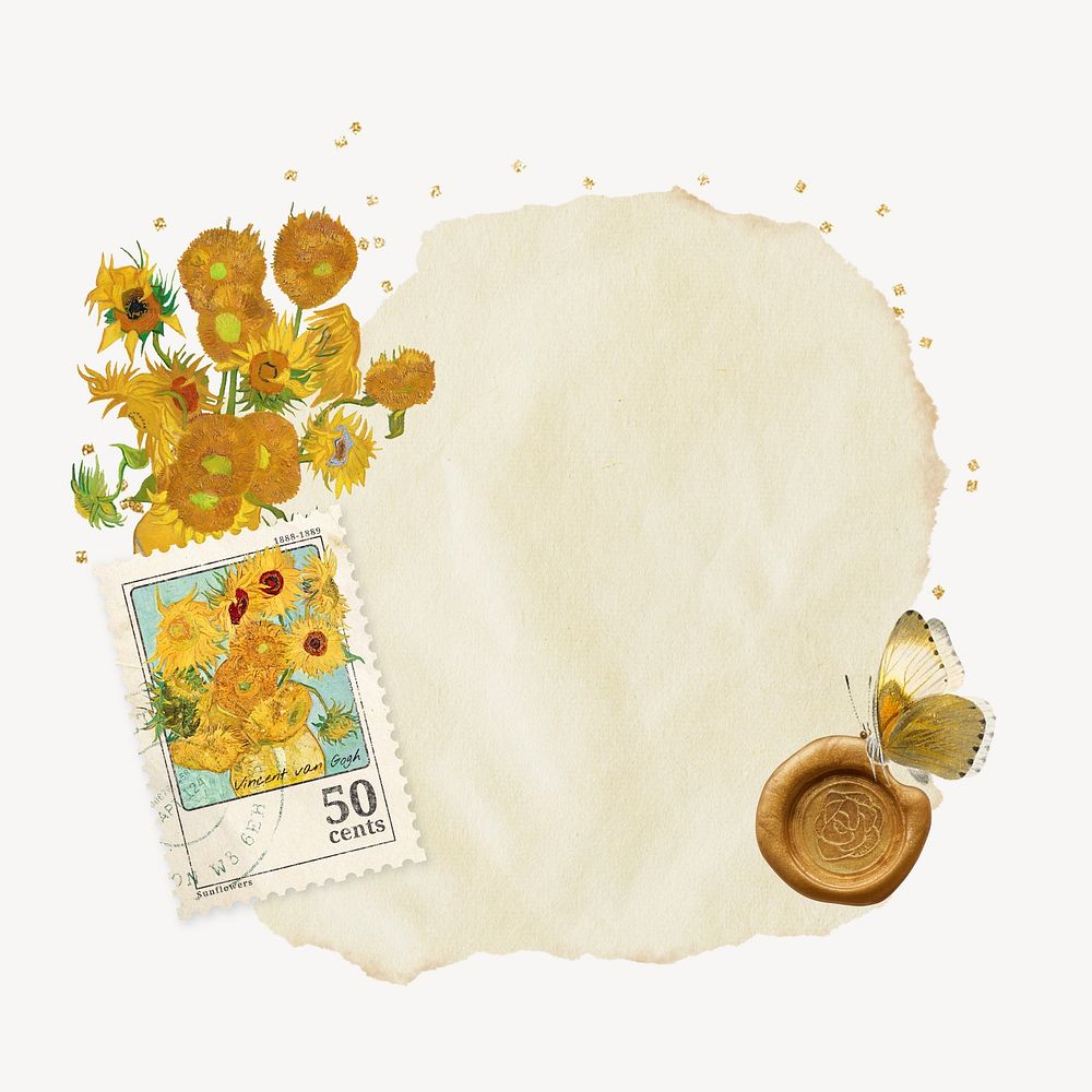 Van Gogh's Sunflowers ripped paper, vintage flower collage, remixed by rawpixel