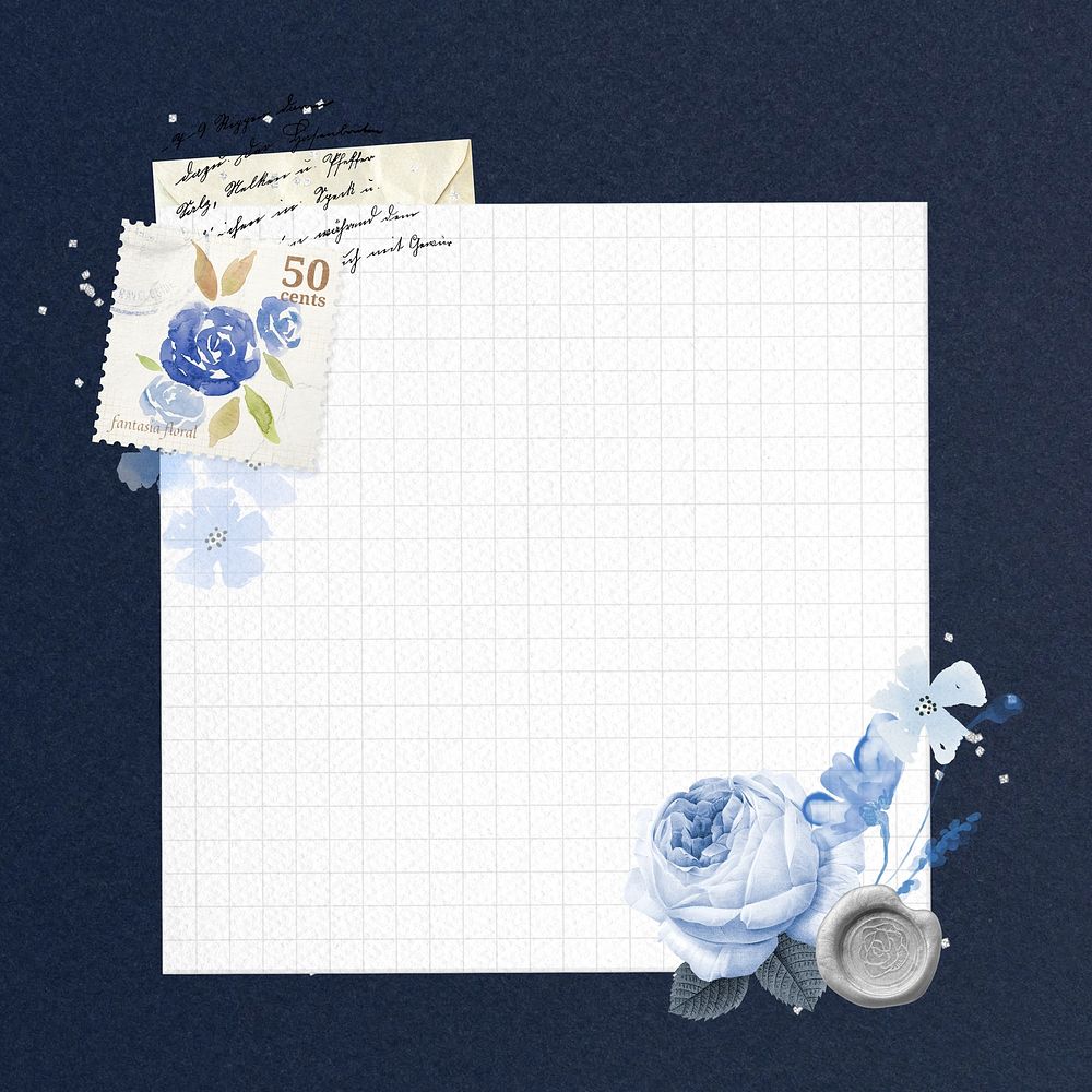 Vintage blue rose framed grid paper, remix illustration