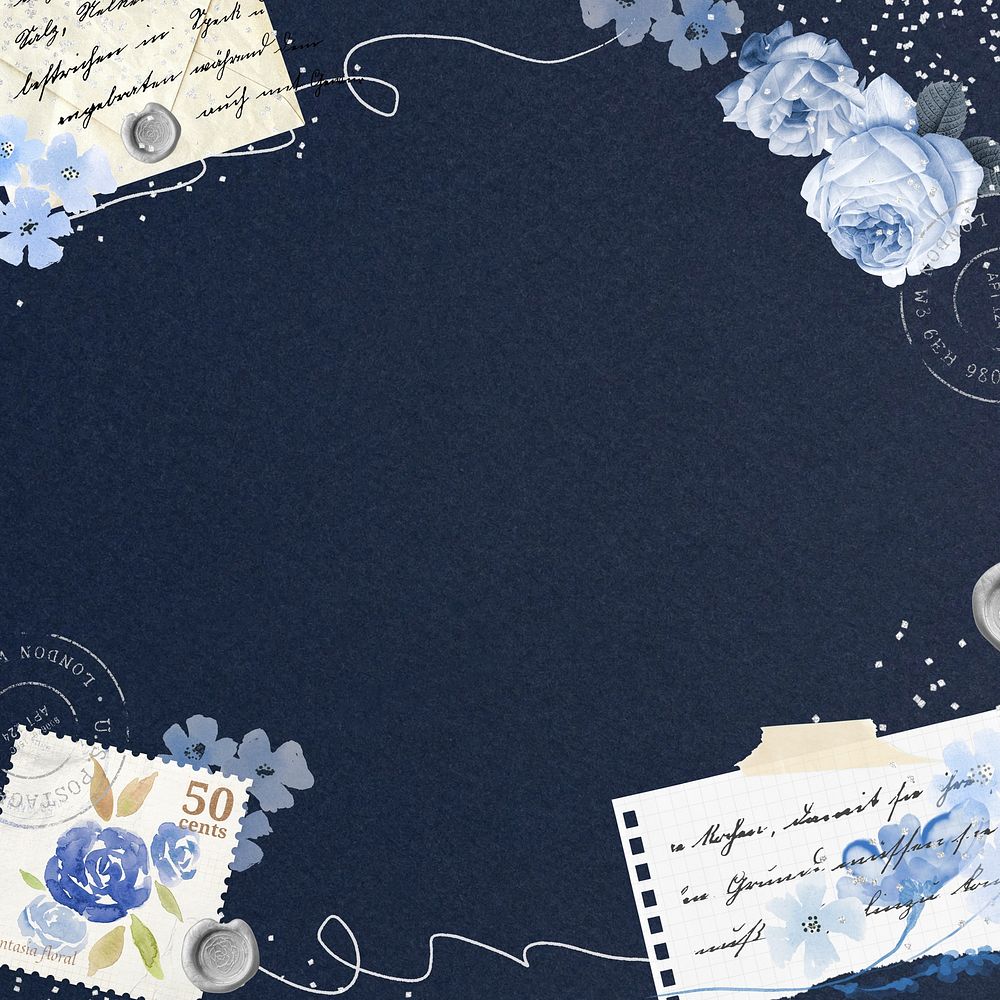 Vintage rose stamp frame, dark blue background remix illustration