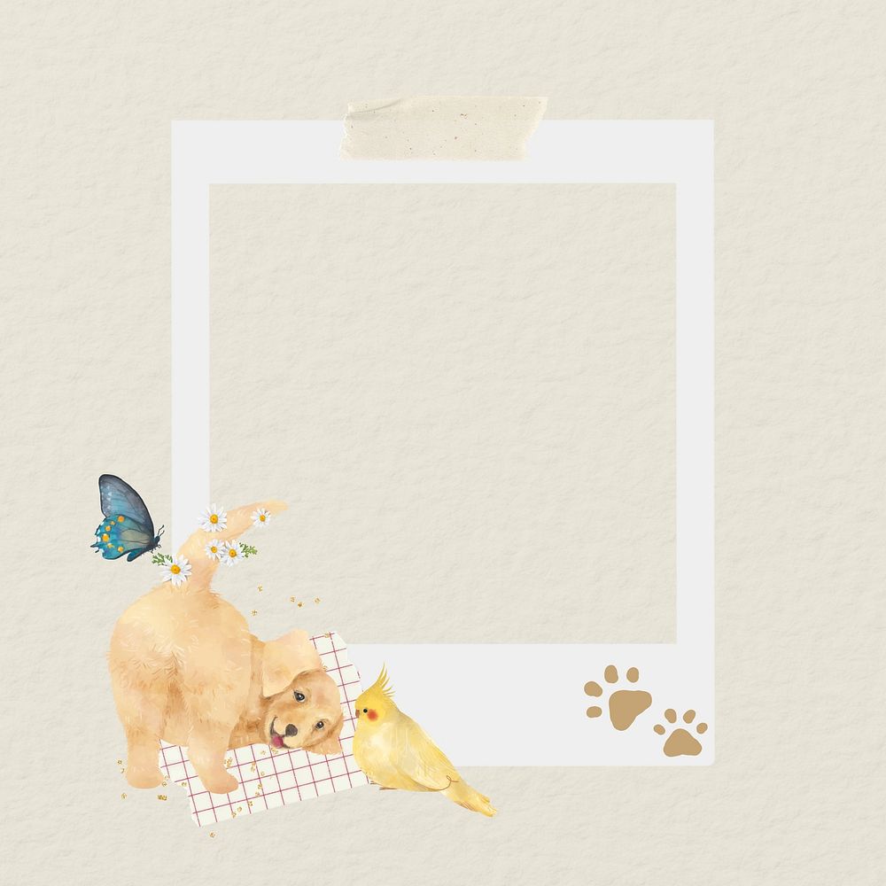 Instant film frame, Golden Retriever dog illustration
