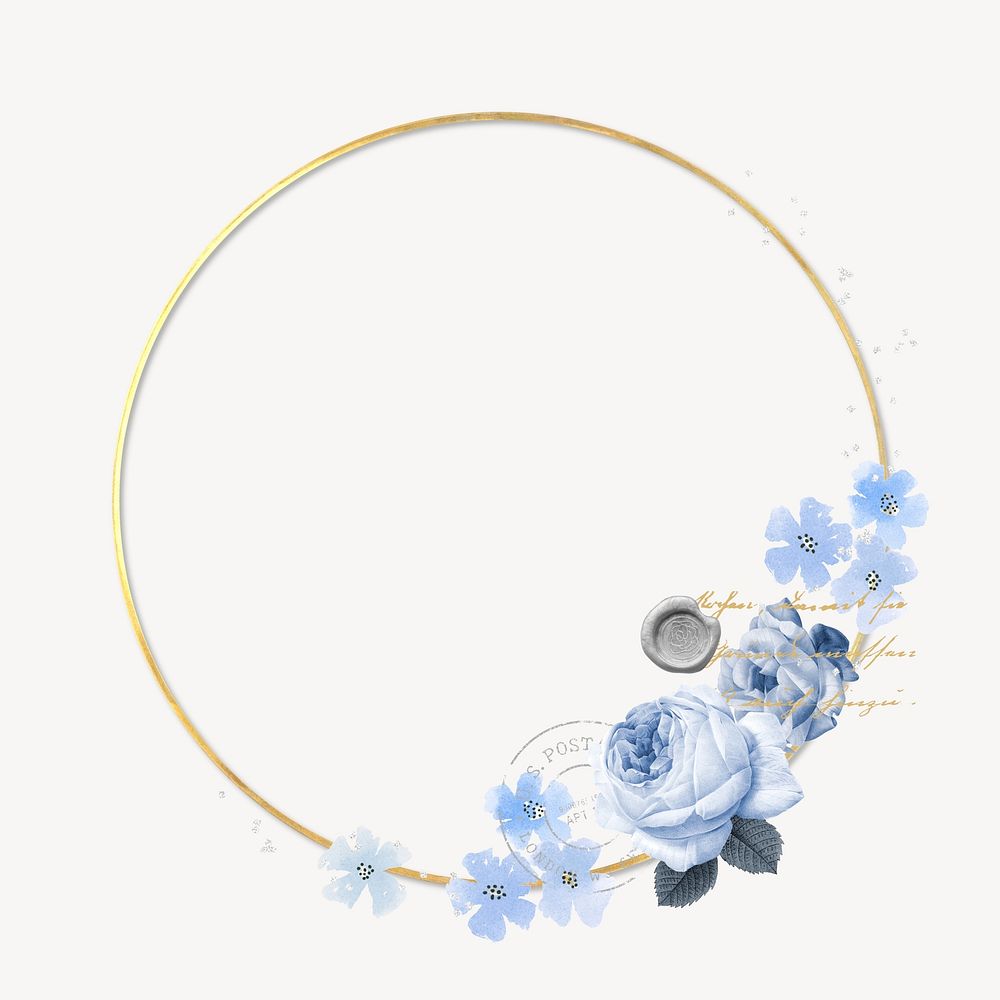 Round gold frame, blue rose remix illustration