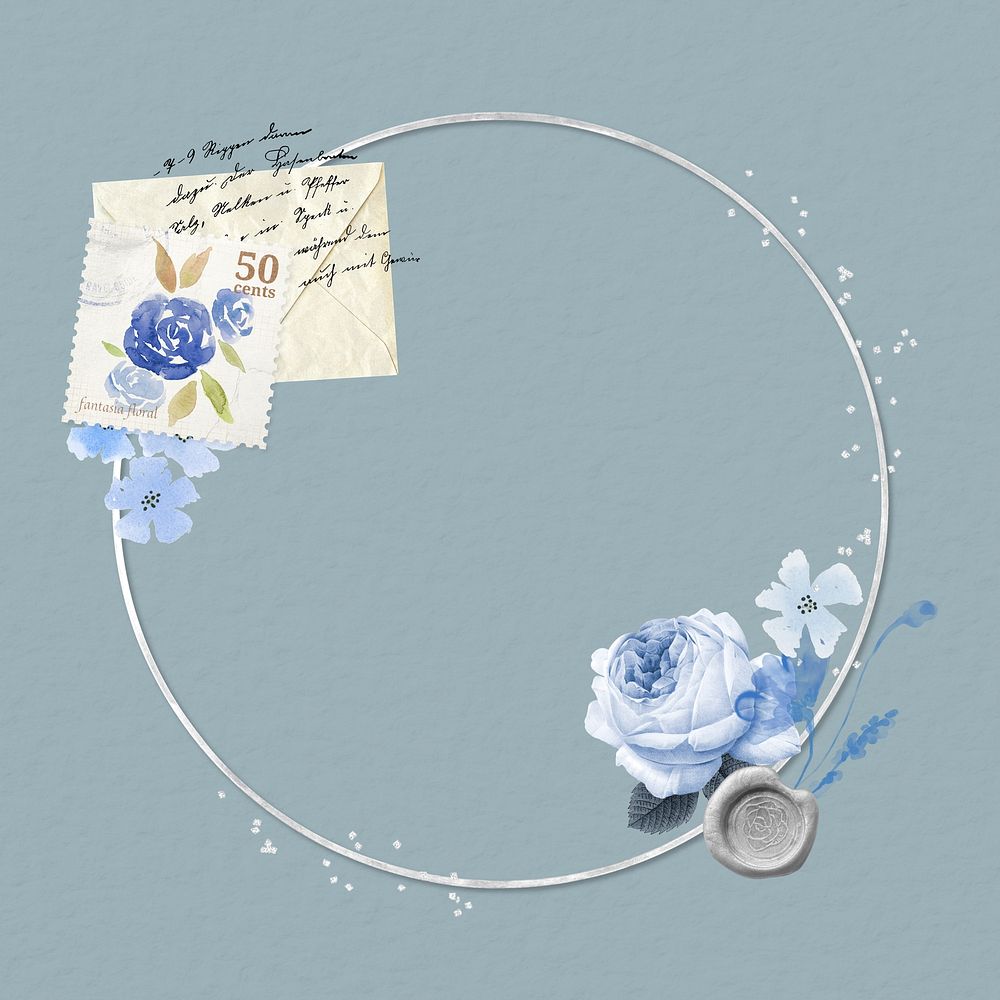 Round frame, vintage blue rose remix illustration