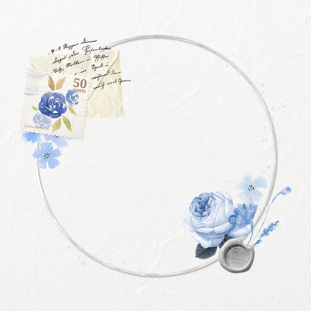 Round frame, vintage blue rose remix illustration