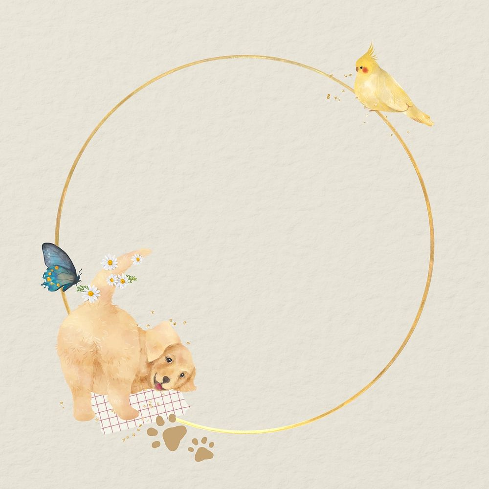 Gold circle frame, Golden Retriever dog illustration
