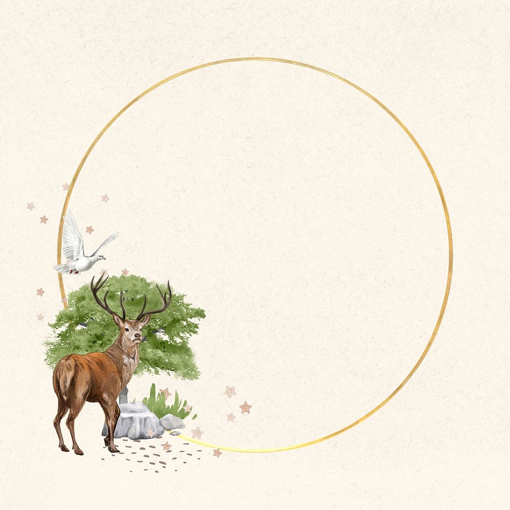Gold circle frame, stag deer wildlife illustration