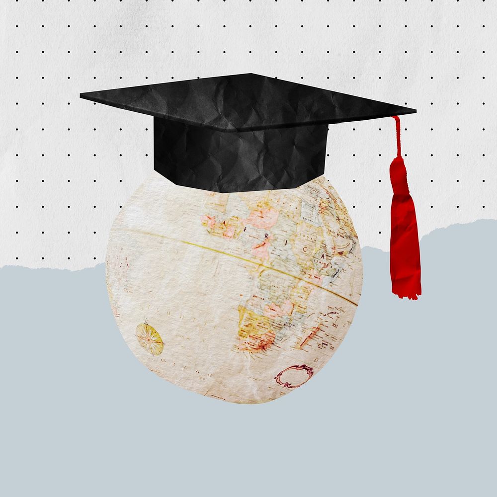 Graduation cap globe, education paper collage