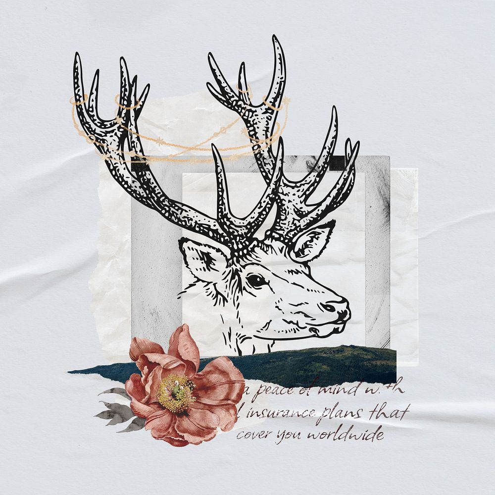Vintage reindeer stag, flower collage
