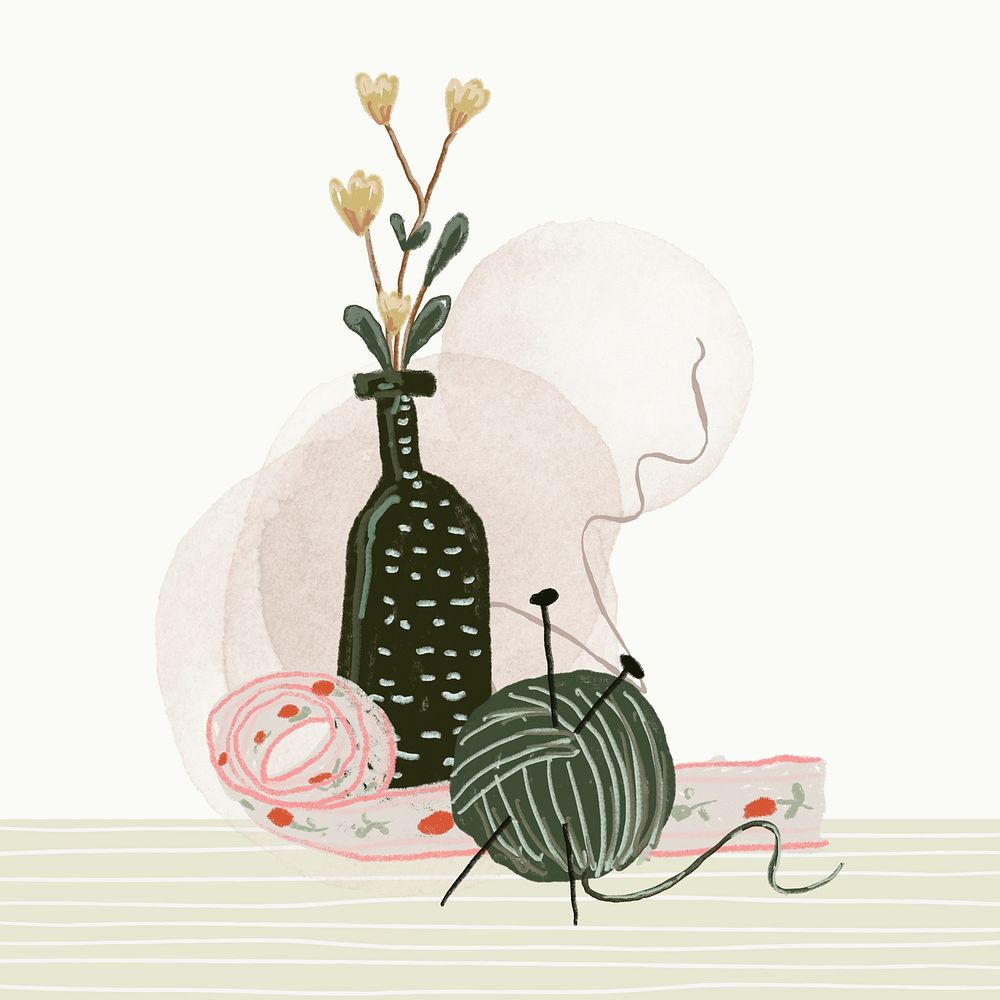 Green knitting illustration, flower vase design